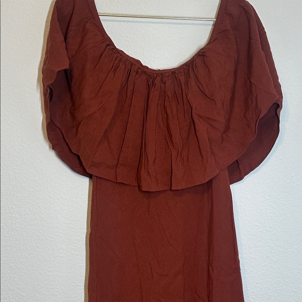 Zara Off Shoulder Linen Blend Ruffle Maxi  Rust Dress Small - Picture 3 of 14